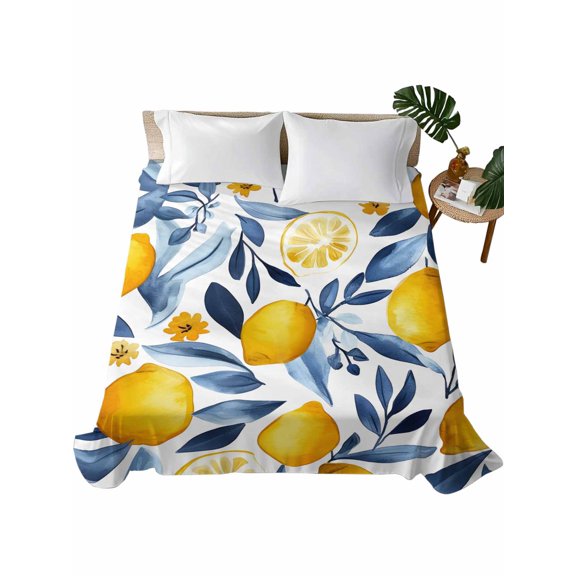 Queen Size Flat Sheet Only, Yellow Lemon Soft Brushed Microfiber Bed Sheets, Blue Flower Leaves Spring Summer Plant Hotel Quality Breathable Bedding Top Sheet, Easy Care, 90"x102"