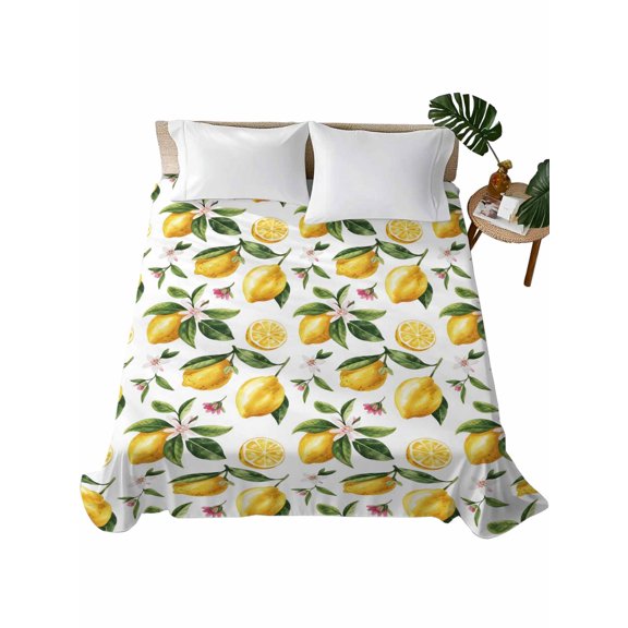 Queen Size Flat Sheet Only, Yellow Lemon Soft Brushed Microfiber Bed Sheets, Tropical Green Leaf Pink Floral Fruit Hotel Quality Breathable Bedding Top Sheet, Easy Care, 90"x102"