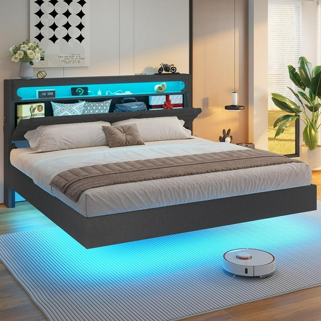 King Size Floating Bed Frame with TypeC Charging Station& Hidden