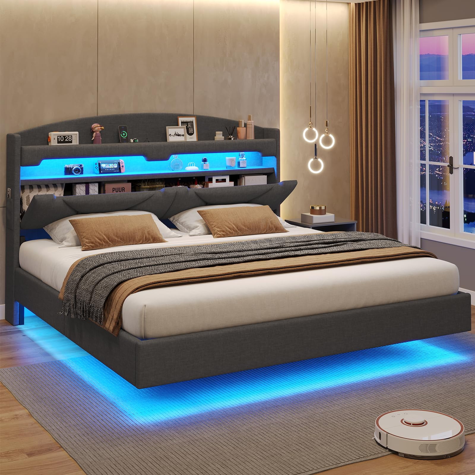 King Dark Grey Upholstered Floating Bed with LED and Storage