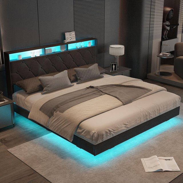 King Size Floating Bed Frame with Headboard, LED Platform Bed Frame