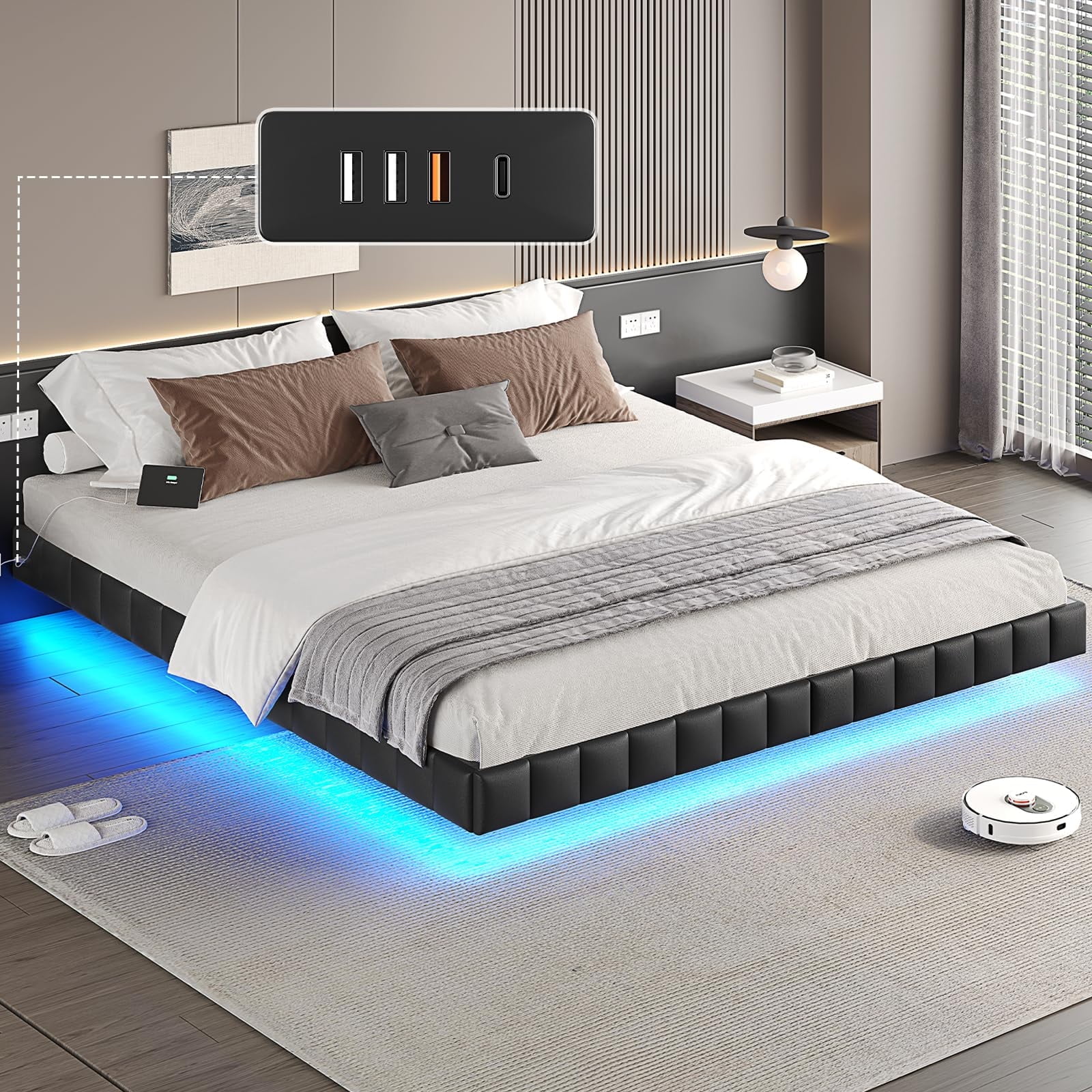 King Black Metal Floating Bed Frame with LED Lights