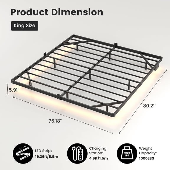 King Size Floating Bed Frame with Smart LED Lights & Charging Station, Metal Platform Bed Frame, Noise-Free, No Box Spring Needed, Easy Assembly