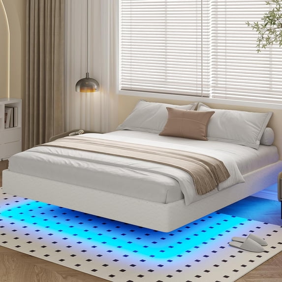 King Size Floating Bed Frames with LED Lights, Meral Platform Bed with Fabric Cover, Solid and Stable, Noise Free, No Box Spring Needed
