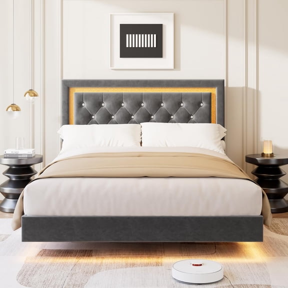 King Size Floating Platform Bed with Diamond Stitched Headboard, Boucle Upholstery, Smart LED Lights & Solid Wood Slats - Noise-Free, Easy Assembly,Gray