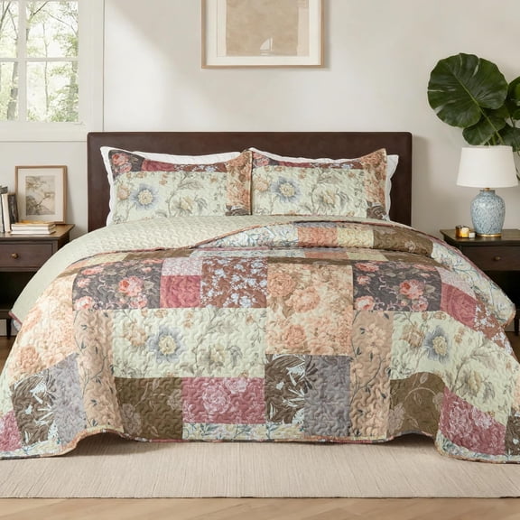 King Size Floral Patchwork Quilt Bedspread