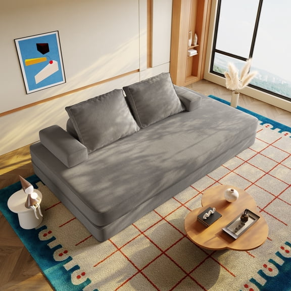 King Size Futon Sofa Bed, Boneless Foldable Couch Bed, Fuffy Chenille Fabric Sofa, Chaise Lounge, Multi-Functional DIY Modern Upholstered Deep Seat Couch for Living Room & Office(Light Grey)