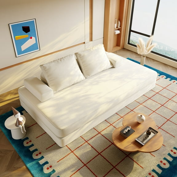 King Size Futon Sofa Bed, Boneless Foldable Couch Bed, Fuffy Chenille Fabric Sofa, Chaise Lounge, Multi-Functional DIY Modern Upholstered Deep Seat Couch for Living Room & Office(Beige)