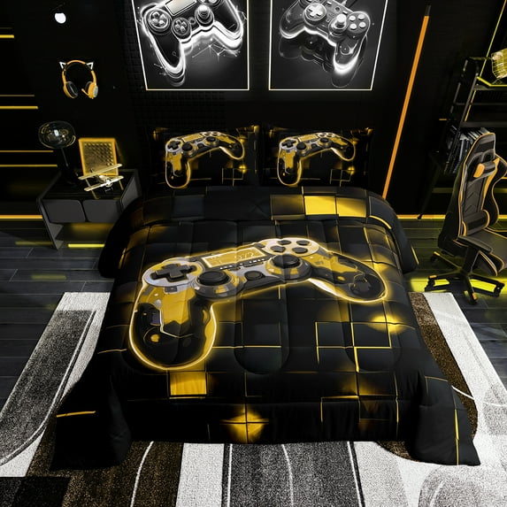 King Size Gaming Comforter Set Gamer Bedding Sets for Teen Bedroom Decor,Yellow and Black Geometric Checkered Bedding Comforter Sets Video Game Quilt Bed Set 3Pcs
