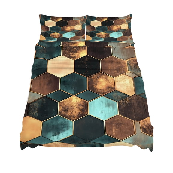 King Size Geometric Pattern Sheet Sets Brown Green Hexagon Collage Art Soft Breathable Microfiber Bed Sheets Deep Pockets 4 Piece Bed Sheets Set, 1 Fitted Sheet, 1 Flat Sheet & 2 Pillowcases