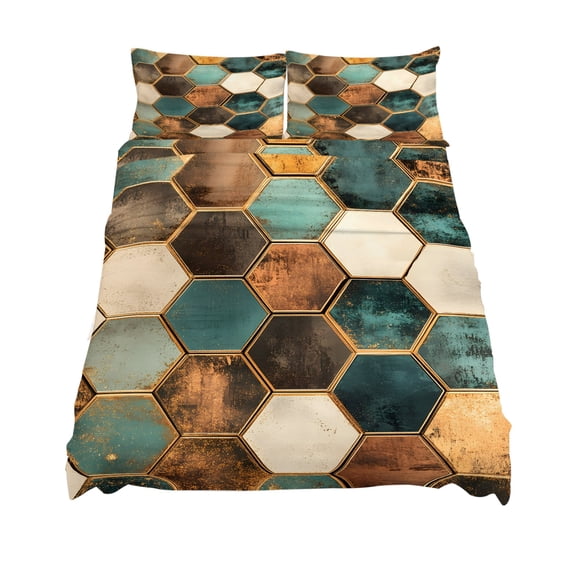 King Size Geometric Pattern Sheet Sets Colorful Hexagon Collage Art Soft Breathable Microfiber Bed Sheets Deep Pockets 4 Piece Bed Sheets Set, 1 Fitted Sheet, 1 Flat Sheet & 2 Pillowcases