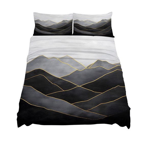 King Size Geometric Wave Sheet Sets Minimalist Grey Golden Mountain Sky Soft Breathable Microfiber Bed Sheets Deep Pockets 4 Piece Bed Sheets Set, 1 Fitted Sheet, 1 Flat Sheet & 2 Pillowcases