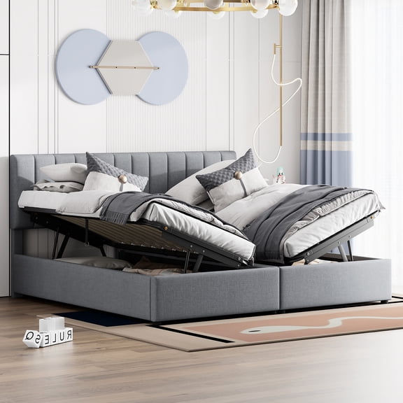 King Size Gray Upholstered Platform Bed With Spacious Storage Hydraulic