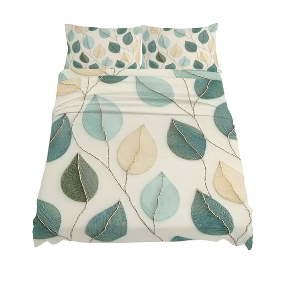 King Size Green Beige Leaves Sheet Sets Branches Leaf Plant Embroidery Soft Breathable Microfiber Bed Sheets Deep Pockets 4 Piece Bed Sheets Set, 1 Fitted Sheet, 1 Flat Sheet & 2 Pillowcases