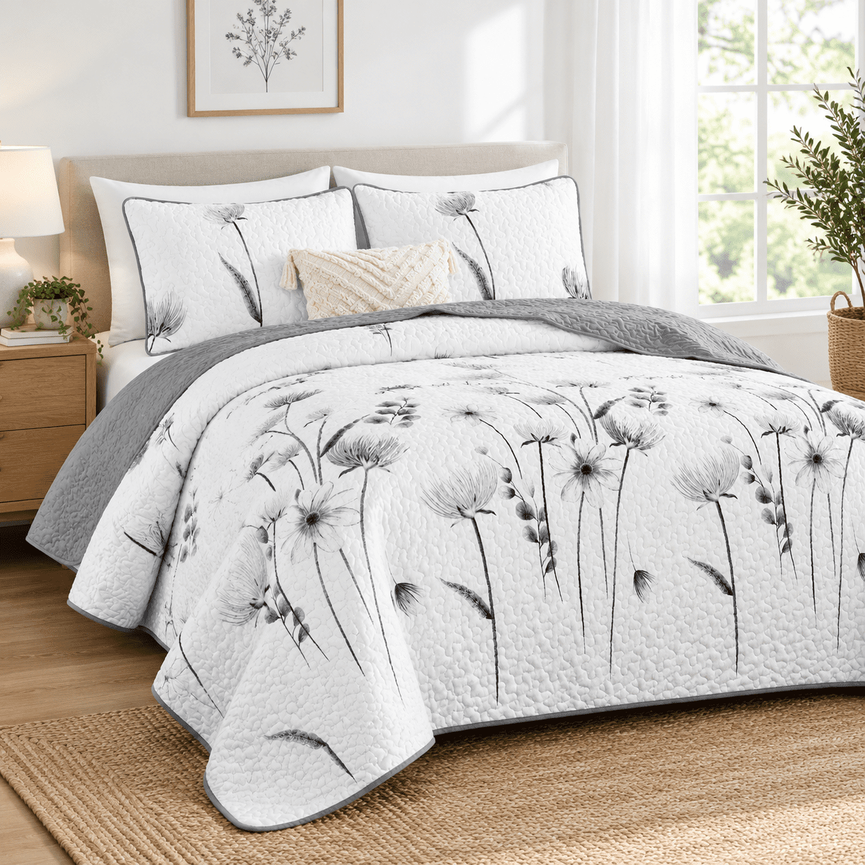 King Size Grey Floral Quilt Set 3-Piece Boho Bedding for All Seasons ...