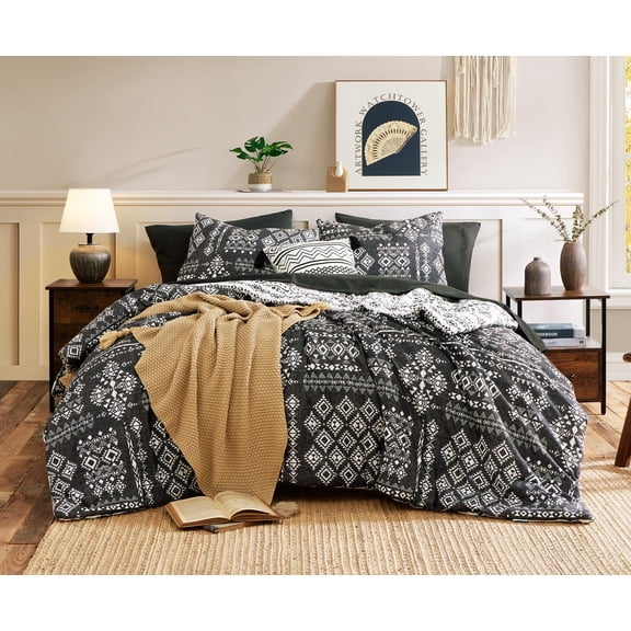 King Size Grey and Black Reversible Aztec Bedding Set