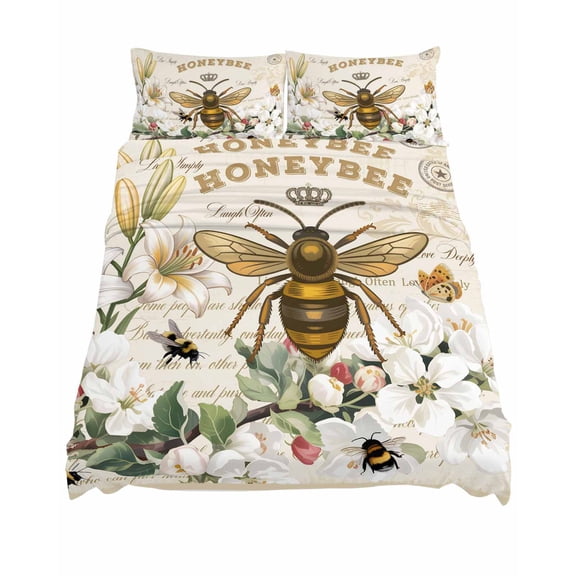 King Size HONEYBEE Sheet Sets Bees Turquoise Farmhouses Antique Letters Soft Breathable Microfiber Bed Sheets Deep Pockets 4 Piece Bed Sheets Set, 1 Fitted Sheet, 1 Flat Sheet & 2 Pillowcases