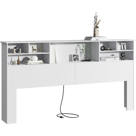 King Size Headboard for Bedroom, Stylish Bookcase Headboard with Built-in Charging Station & 2 LED Lights, Engineered Wood Headboards, Noise-Free HeadBoard King Size with Storage, White