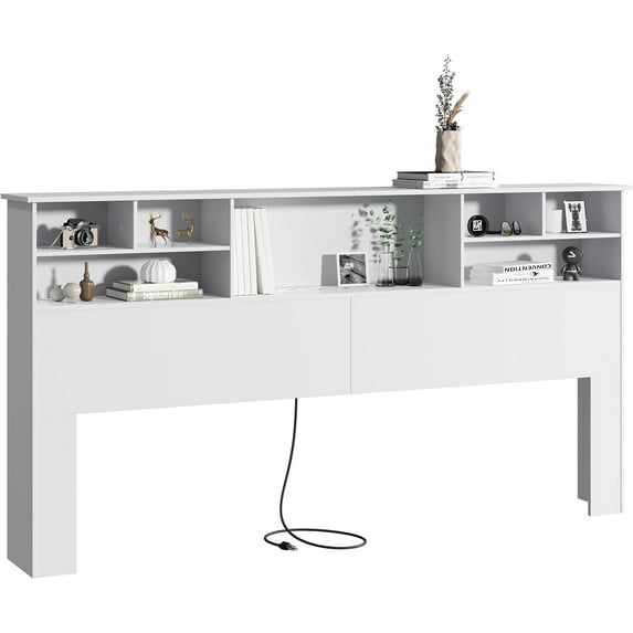 King Size Headboard for Bedroom, Stylish Bookcase Headboard with Built-in Charging Station & 2 LED Lights, Engineered Wood Headboards, Noise-Free HeadBoard King Size with Storage, White