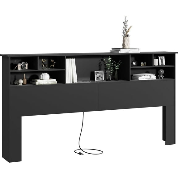 King Size Headboard only for Bedroom, Stylish King Bookcase Headboard with Built-in Charging Station & 2 LED Lights, Noise-Free Wood HeadBoard with Storage, Bookshelf Headboards Black