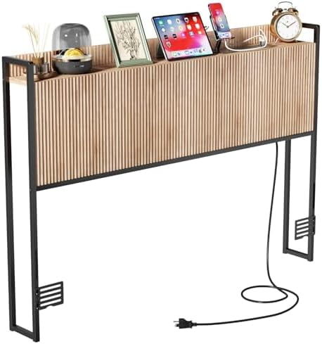 King Size Headboard Only with Outlets, Wall Mount Wood Fluted Headboard