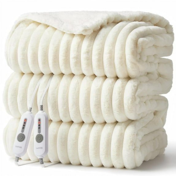 King Size Heated Blanket 90"x100", Soft Faux Rabbit Fur Electric Blanket with 4 Heat Levels & 10-Hour Auto Off, Overheat Protection, Machine Washable, ETL Certified, Beige White