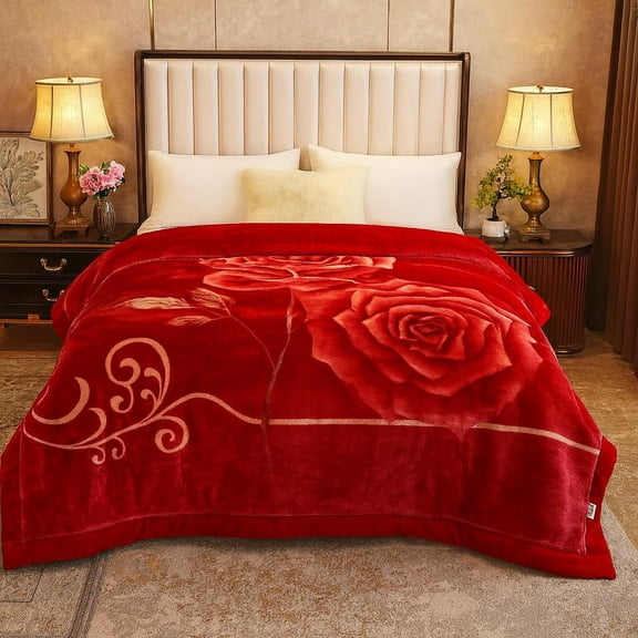 King Size Heavy Fleece Blanket Warm Korean Mink Blanket, 2-Ply Reversible Raschel Bed Throw, Silky Soft Plush Winter Blanket (Organic Red)