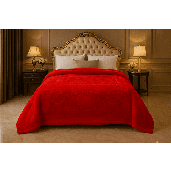 DBOZE Royal Ruby Heavyweight Korean Mink Blanket – 2-Ply Reversible Plush Fleece, Luxury Red Floral Embossed Design, Soft & Warm, King Size Gift Bedding