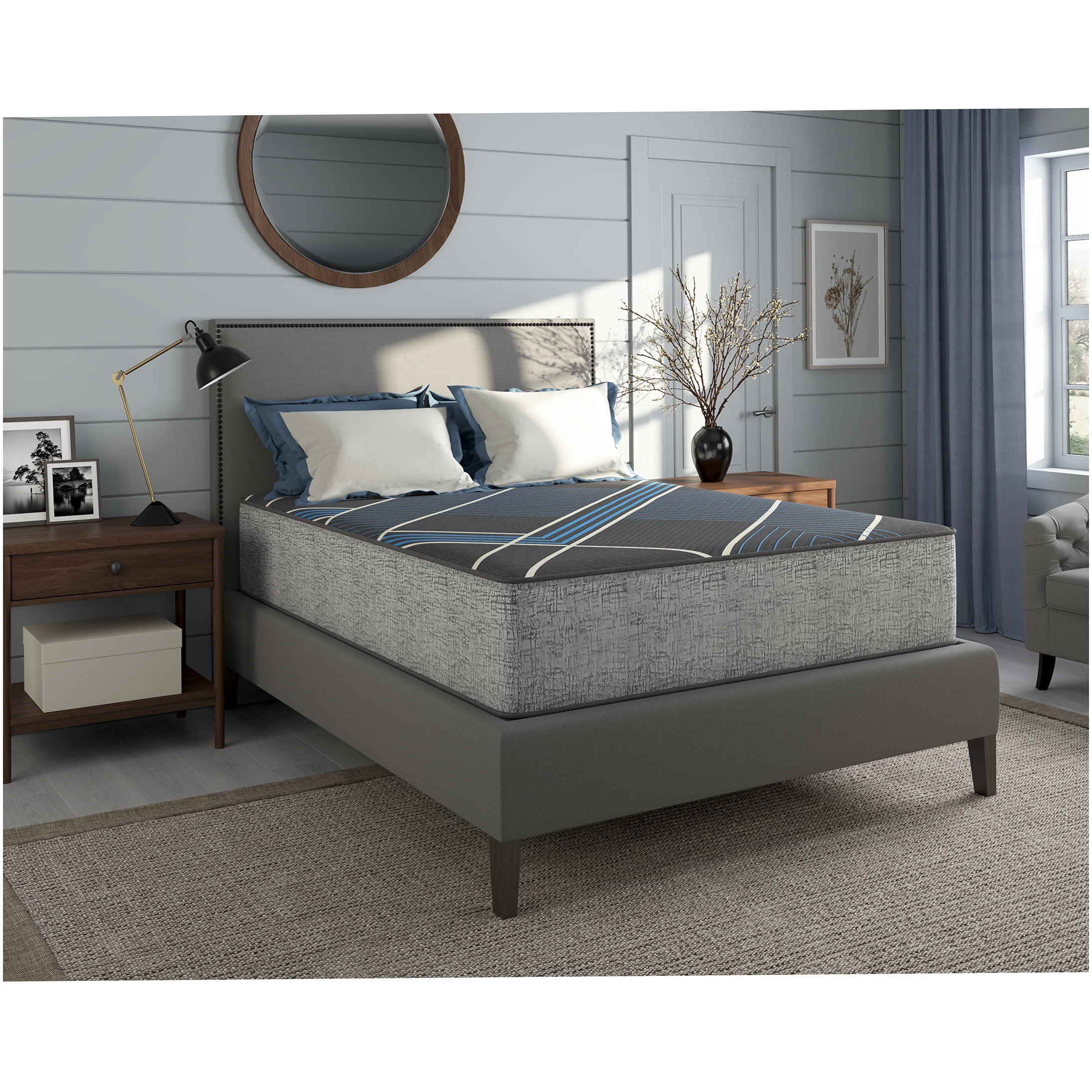 King Size Hybrid Cooling Gel Memory Foam Mattress, Firm Support with Edge Reinforcement & Motion Isolation, Grey Blue