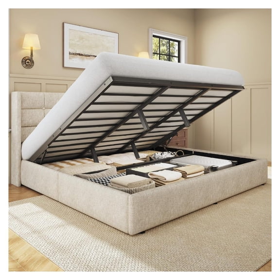 King Size Hydraulic Lift Storage Bed Frame with Linen Wingback Headboard, 1000 Lbs Metal Slats, Beige Platform Bed for Bedroom