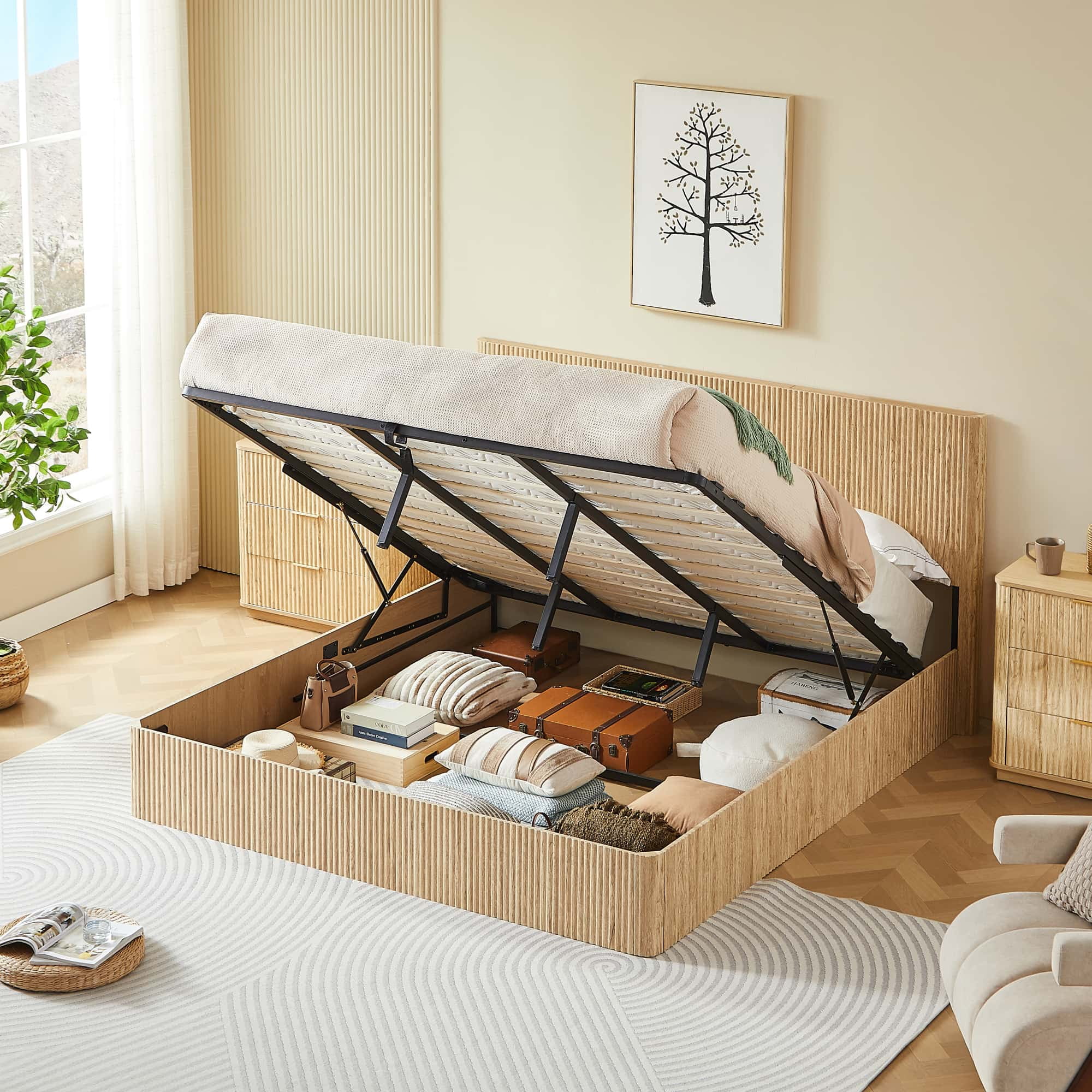 King Size Hydraulic Storage Bed Frame with Easy Lift, No Box Spring Needed, Platform Bed for Master Bedroom, Oak