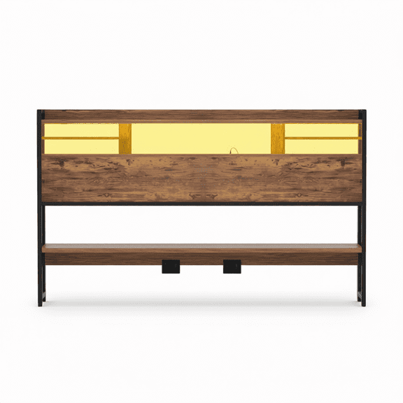 King Size Industrial Headboard with Storage Shelf, Built-in Power Outlets and USB Ports, Rustic Brown Wood and Black Metal Frame