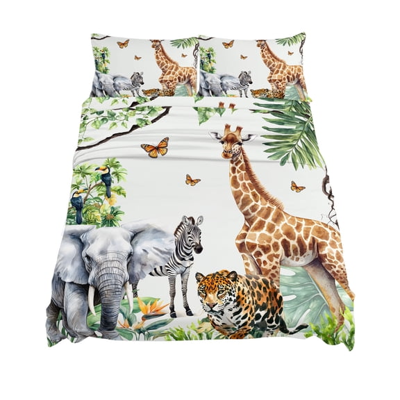 King Size Jungle Animals Sheet Sets Giraffe Zebra Elephant Tiger Hawaii Tropical Plant Soft Breathable Microfiber Bed Sheets 4 Piece Bed Sheets Set, 1 Fitted Sheet, 1 Flat Sheet & 2 Pillowcases
