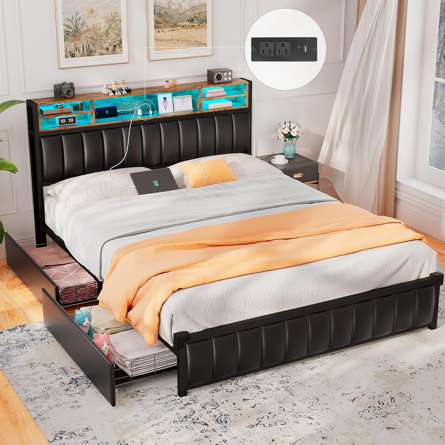 King Size Black Upholstered Bed with LED Lights, Storage Drawers, and Bookcase Headboard