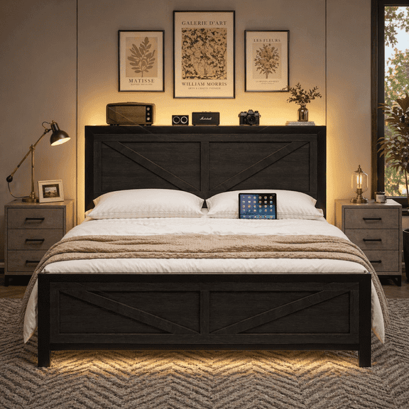 King Size LED Bed Frame with USB Charging Station, Industrial Platform Bed with Farmhouse Barn Door Headboard, Metal Slat Support, Noise Free, No Box Spring Needed, Black