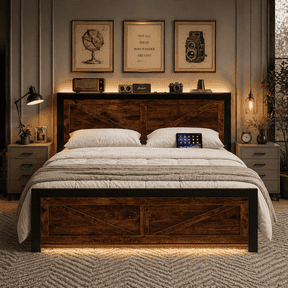 King Size LED Bed Frame with USB Charging Station, Industrial Platform Bed with Farmhouse Barn Door Headboard, Metal Slat Support, Noise Free, No Box Spring Needed, Brown
