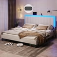 thumbnail image 1 of King Size LED Platform Bed Frame with Adjustable Headboard&Charging Station&LED Lights,Modern PU Leather Upholstered Bed, No Box Spring Needed, White, 1 of 9