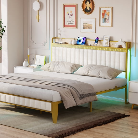 King Size LED Platform Bed Frame with Storage Headboard & Charging Station No Box Spring Needed, Easy Setup