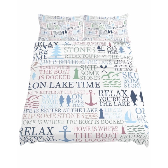 King Size Lake Life Sheet Sets Colorful Word Pine Tree Boat Paddle Lighthouse Fish Soft Breathable Microfiber Bed Sheets 4 Piece Bed Sheets Set, 1 Fitted Sheet, 1 Flat Sheet & 2 Pillowcases