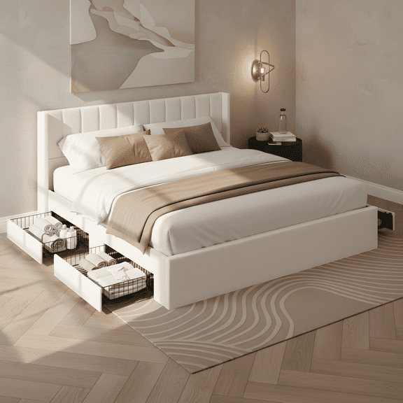 King Size Large-Capacity Upholstered Storage Bed with Drawers, Beige