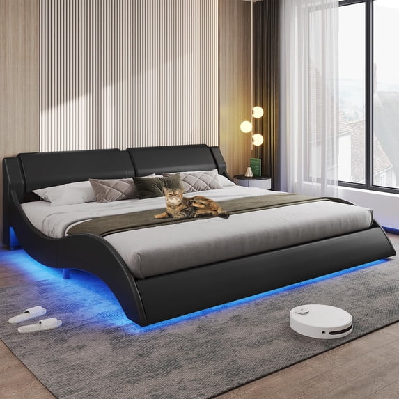 King Size Led Bed Frame Faux Leather Upholstered Platform Bed Frame with RGB LED Lights,Low Profile Wave-Like Curve Bed Frame with Headboard, No Box Spring Needed,Black