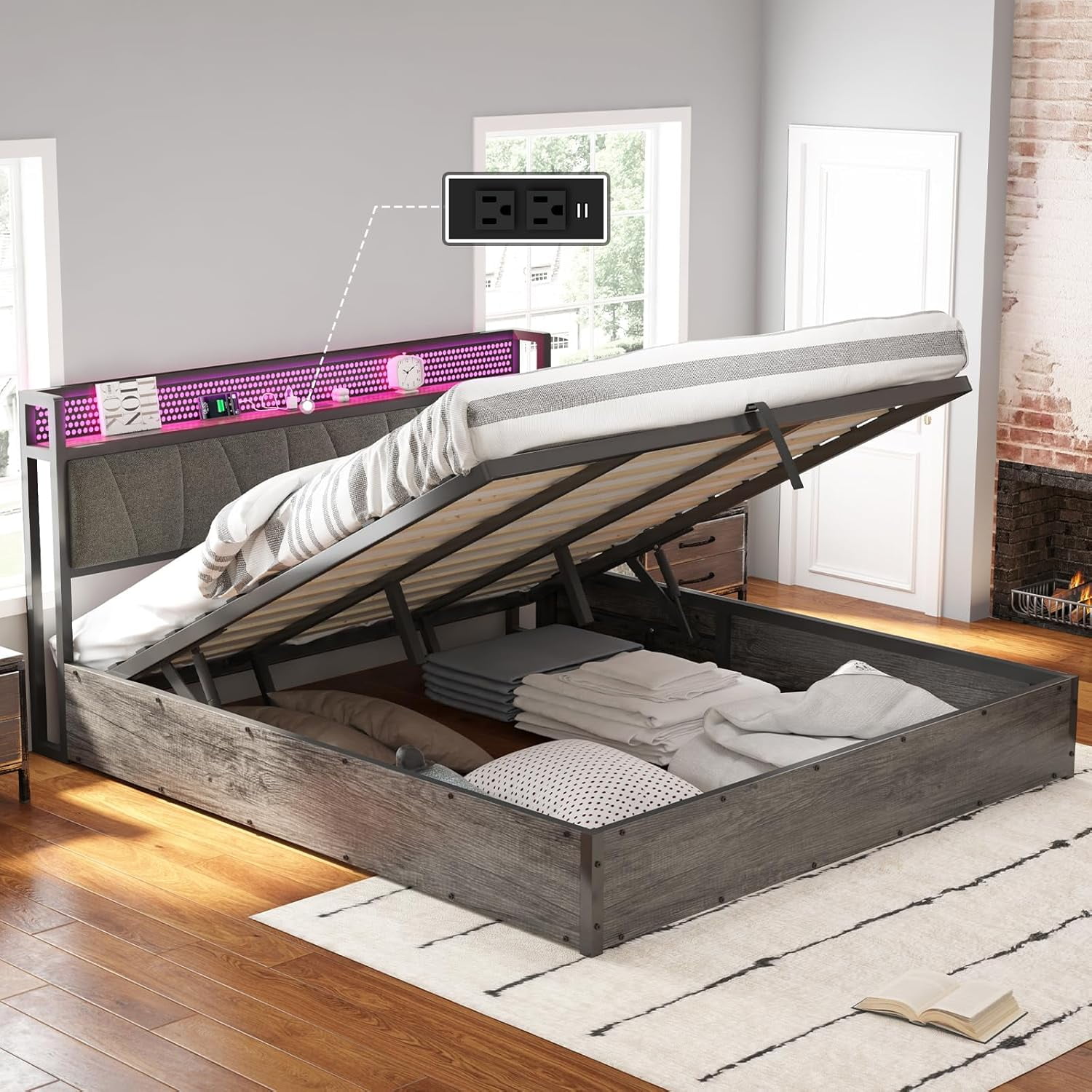 King Size Lift Up Bed Frame with Linen Upholstered & LED Light ...