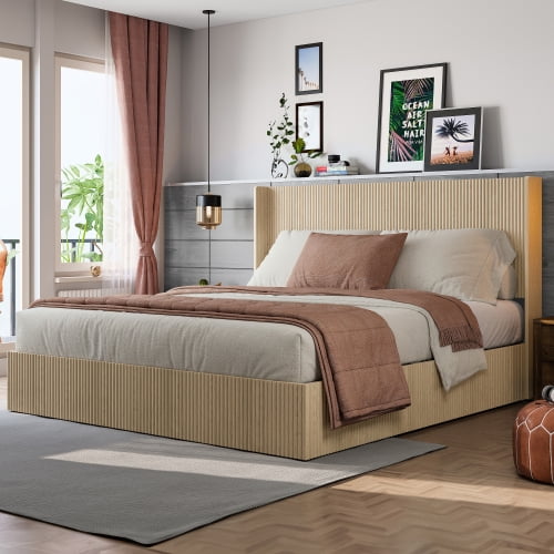 King Size Lift Up Storage Bed Frame with Hydraulic Platform, Wooden Headboard & Sturdy Metal Frame, No Box Spring Needed, Space-Saving Bed with Ample Under-Bed Storage for Bedroom, Oak