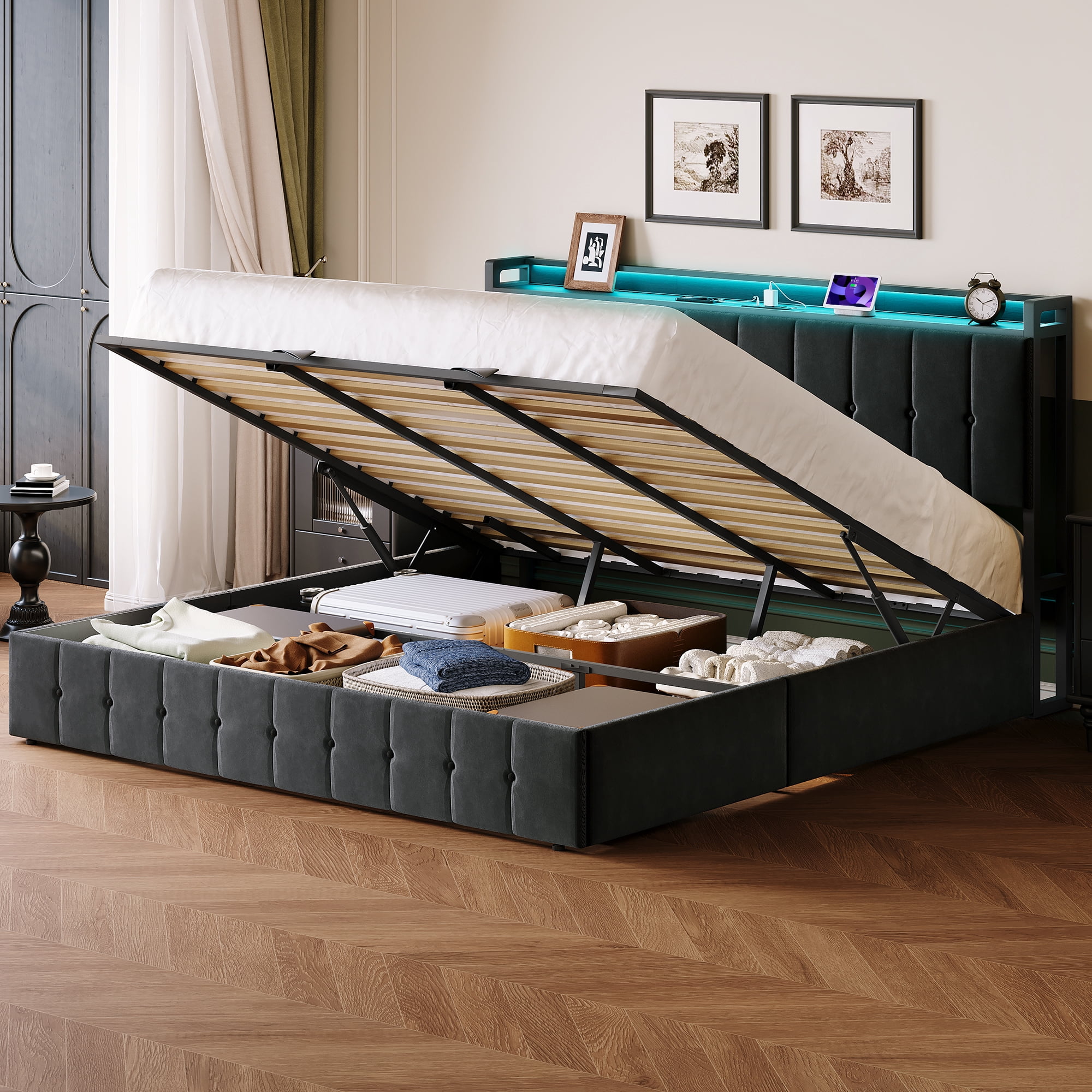 King Size Lift Up Storage Bed Frame,Upholstered Platform Bed with Storage Headboard,Hydrualic Underneath Storage,Charging StationNo Box Spring Needed,Easy Assembly