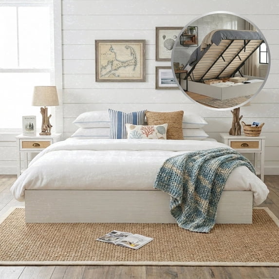Zanmintaobo King Size Lift up Storage Bed Frame, Headboard-Free Wood Platform,Whitewash Finish,Heavy Duty Slats, No Box Spring Needed,Rustic Off White