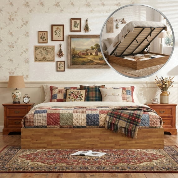 Zanmintaobo King Size Lift up Storage Bed Frame, Headboard-Free Wood Platform,Heavy Duty Slats,No Box Spring Needed,Rustic Brown