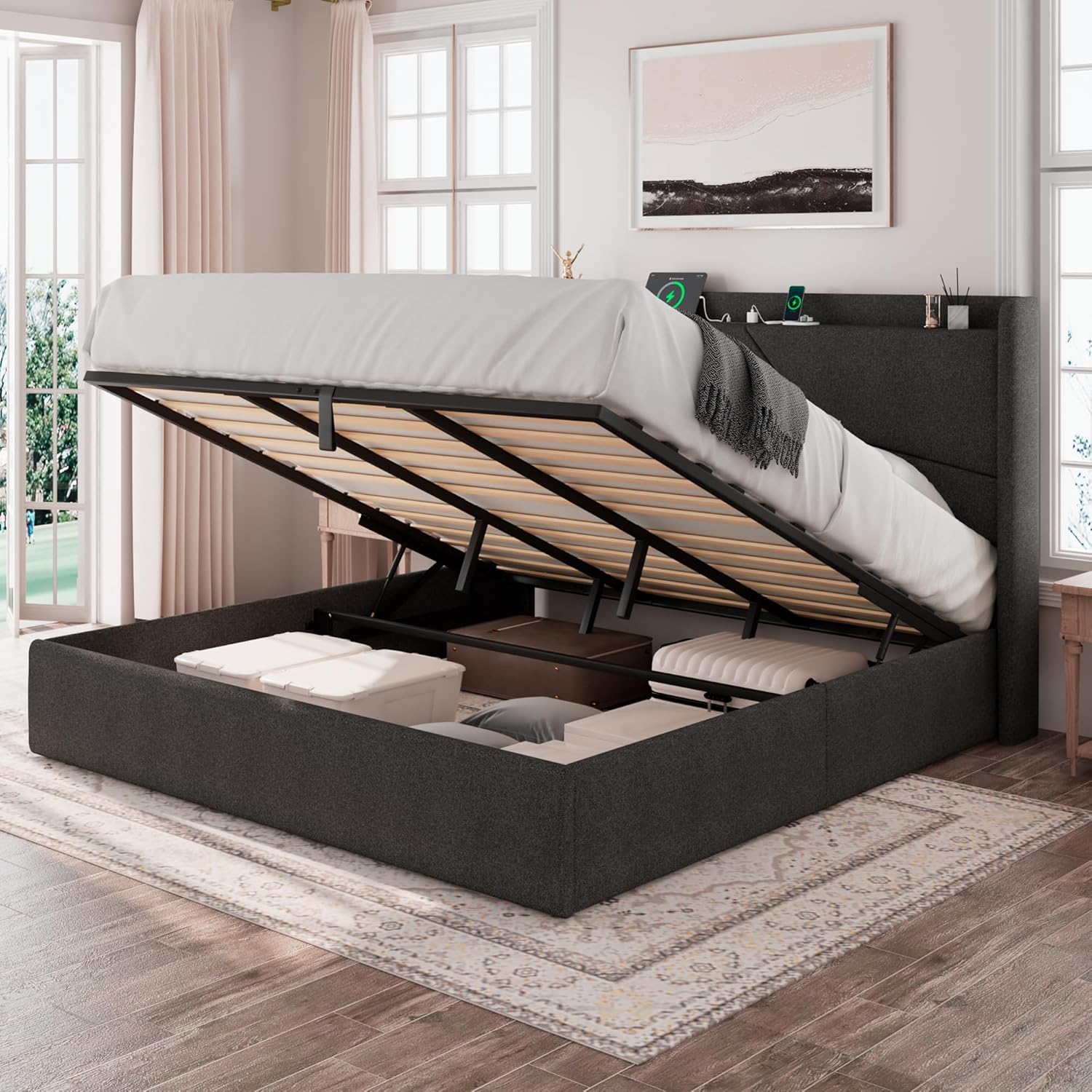 King Size Lift Up Bed Frame with Charging Station, Upholstered Bed