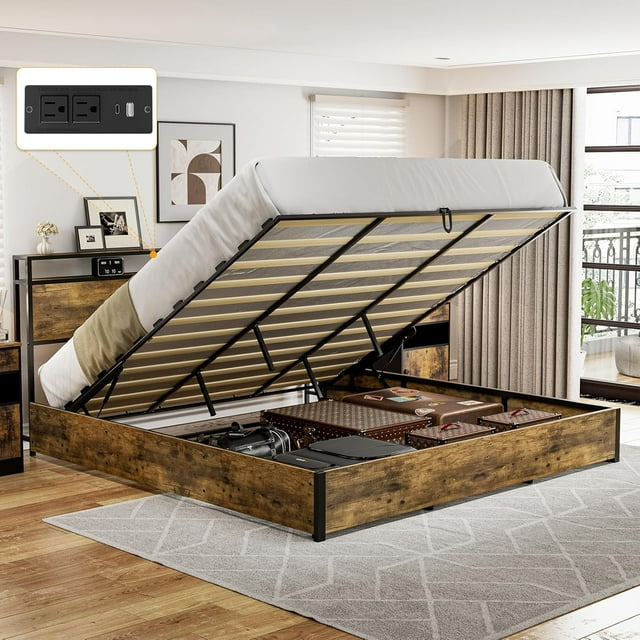 King Size Lift Up Storage Bed Frame, Metal and Wood King Platform Bed