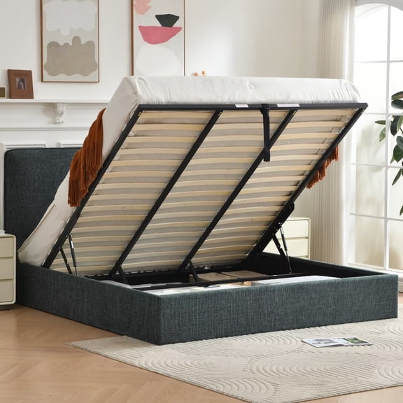 QDD King Size Lift Up Storage Bed 45.28-Inch High Padded Headboard, Breathable Linen, Noise-Free Slats, No Box Spring, Green
