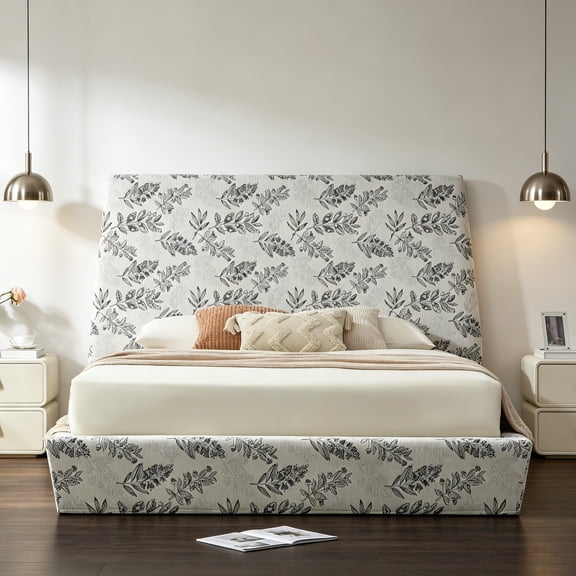 King Size Lift-Up Storage Bed, Modern Upholstered Bed with 51.57" Tall Headboard and Sleek Tapered Silhouette, Hydraulic Lift Platform, No Box Spring Needed, Floral Pattern Fabric
